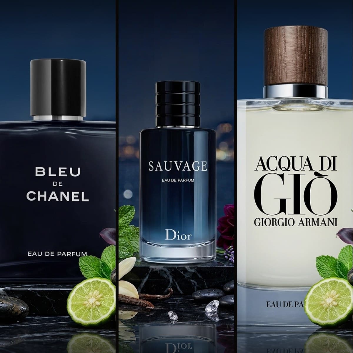 Três frascos lado a lado em fundo noturno: Bleu de Chanel, Dior Sauvage e Acqua di Giò da Giorgio Armani